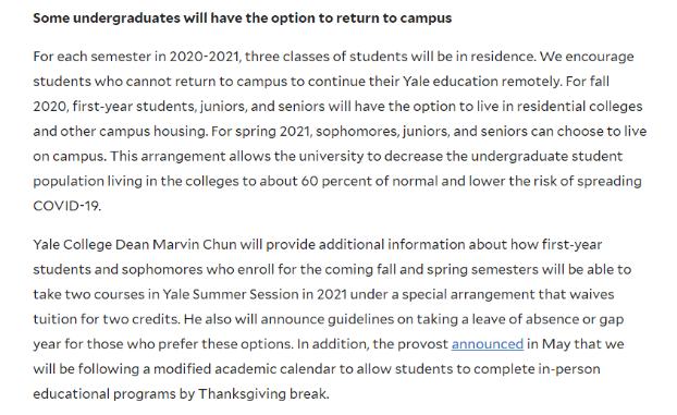美國耶魯大學最新消息：2020秋季入學率80% 具體開學日期發布